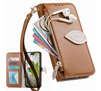 BAILI Hülle für 1+OnePlus Nord CE5 mit Kreditkartenhalter, Seitenständer, Reißverschluss-Geldbörsenhülle mit Blattmuster für 1+OnePlus Nord CE5-Braun