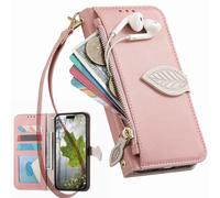 BAILI Hülle für 1+OnePlus Nord N200 5G mit Kreditkartenhalter, Seitenständer, Reißverschluss-Geldbörsenhülle mit Blattmuster für 1+OnePlus Nord N200 5G-Rosa