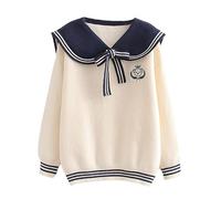 BAIMORE Strickpullover für Teenager-Mädchen, japanischer Matrosenkragen, Cartoon-Bär-Stickerei, langärmelig, Beige, Einheitsgröße