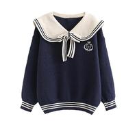 BAIMORE Strickpullover für Teenager-Mädchen, japanischer Matrosenkragen, Cartoon-Bär-Stickerei, langärmelig, Marineblau, Einheitsgröße