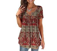 Baina Women's T-Shirt with Floral Print, V Neck Summer Top, Casual, Loose, Plus Size Tunic Tops for Women, Long Shirt, Oversize Blouse with Short Sleeves, M - 4XL Size,Rot,L