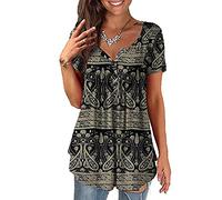 Baina Women's T-Shirt with Floral Print, V Neck Summer Top, Casual, Loose, Plus Size Tunic Tops for Women, Long Shirt, Oversize Blouse with Short Sleeves, M - 4XL Size,Schwarz,XXL