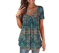 Baina Women's T-Shirt with Floral Print, V Neck Summer Top, Casual, Loose, Plus Size Tunic Tops for Women, Long Shirt, Oversize Blouse with Short Sleeves, M - 4XL Size,Grün,L