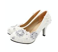 BAIRUNDA Bridal Brautschuhe Damen, Hochzeitsschuhe Spitze Strasssteine Frauen Komfort Pumps White,42 EU