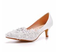 BAIRUNDA Damen Brautschuhe, 5 cm Spitze Blumen High Heels Flacher Mund, Pumps Hochzeitsfoto Kleid Bequeme Spitze Zehen Bankett-Schuhe Mit Niedrigem Absatz, 35 EU,White