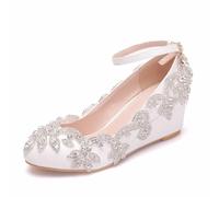 BAIRUNDA Damen Brautschuhe, 5 cm Weiße Hochzeitskleid Pumps Glänzende Strasssteine Keilabsatz Flacher Mund Runde Zehen Hohe Absätze Einzelne Schuhe, 37 EU,White