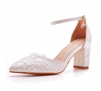 BAIRUNDA Damen Brautschuhe, 7 cm Pumps Dicker Absatz Spitze Hochzeitsschuhe Mittlere Hohle Sandalen Bequeme Spitze Zehen Knöchelriemen Schnalle High Heels, 38 EU,White