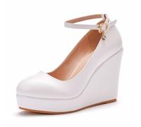 BAIRUNDA Damen High Heels, 11 cm Weiße Plateau Pumps Mit Keilabsatz Flacher Mund Knöchelschnalle Runde Zehen Einzelne Schuhe Bequeme Freizeitschuhe, 39 EU,White