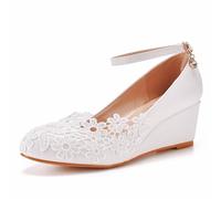 BAIRUNDA Damen High Heels, 5 cm Weiße Brautschuhe Spitze Blumen Keilabsatz Pumps Flacher Mund Knöchelschnalle Runde Zehen Bequeme Freizeitschuhe Mit Kurzem Absatz, 39 EU,White