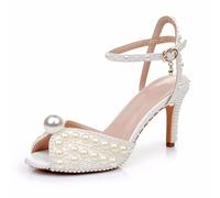 BAIRUNDA Damen High Heels, 8 cm Weiße Perlen Pumps Stiletto Fischmaul Sandalen Braut Und Hochzeitskleid Bequeme Party Bankett Schuhe, 38 EU,Beige