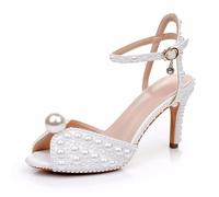 BAIRUNDA Damen High Heels, 8 cm Weiße Perlen Pumps Stiletto Fischmaul Sandalen Braut Und Hochzeitskleid Bequeme Party Bankett Schuhe, 43 EU,White