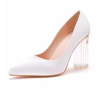 BAIRUNDA Damen High Heels 9 cm Dicke Absätze Weiße Satin Brautschuhe Flacher Mund Spitze Zehen Hochzeits Pumps Bankett Schuhe, 40 EU,White