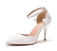 BAIRUNDA Damen High Heels, 9 cm Weiße Pumps Braut Brautjungfer Hochzeitskleid Bequem Flacher Mund Dünne Absätze Sandalen, Spitze Blumen Auto Show Schuhe, 40 EU,White