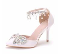 BAIRUNDA Damen High Heels, 9 cm Weiße Sandalen Pumps Braut Brautjungfer Hochzeitskleid Bequeme Strass Schleife, Dünne Absätze Spitzer Zehenbereich Geschenk Für Erwachsene, 36 EU,White