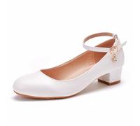 BAIRUNDA Damen Hochzeitsschuhe, 3 cm Weiße Brautkleid Schuhe Quadratischer Absatz Runde Zehen Knöchelschnalle Brautjungfer Bequeme Freizeitschuhe, 41 EU,White