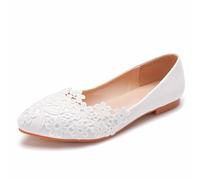 BAIRUNDA Damen Hochzeitsschuhe, Geschlossene Zehen Flache Spitze Blumen Brautdamen Party Tanz Hochzeit Fotoshooting Erwachsene, Geschenk Schuhe, Brautschuhe, Lässige Schuhe, 37 EU,White