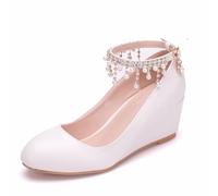BAIRUNDA Damen Keilabsätze, 5 cm Weiße Brautschuhe Hochzeits Pumps Mit Fransen Strass Perlen Knöchelschnalle Flacher Mund Runde Zehen Einzelne Schuhe, 41 EU,White