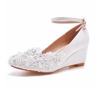 BAIRUNDA Damen Keilabsätze, 5 cm Weiße Brautschuhe Spitze Blumen Hochzeit Pumps Flacher Mund Kleid Knöchelschnalle Runde Zehen Einzelne Schuhe, 41 EU,White