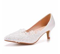 BAIRUNDA Damen Pumps, Weiße Brautkleid Schuhe Bequem Flacher Mund Spitze, Blume Niedriger Absatz Hochzeitsfeier Foto Freizeitschuhe, Geschenk Für Erwachsene, 41 EU,White