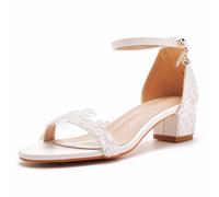 BAIRUNDA Damen Sandalen Mit Dickem Absatz, 5 cm Weiße Brautschuhe Hochzeitskleid Spitze Blume Flacher Mund Offene Zehen Bequeme Freizeitschuhe, 39 EU,White