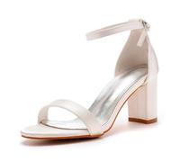 BAIRUNDA Damen Sandalen Mit Dickem Absatz, 7 cm Weiße Satin-Brautschuhe, Hochzeitskleid, Flacher Mund, High Heels, Offene Zehen, Bequeme Damenschuhe, 37 EU,Beige