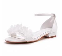 BAIRUNDA Flache Damen Sandalen Aus Satin, Weiße Brautschuhe Hochzeitskleid Flacher Mund Offene Zehen Knöchelschnalle Bequeme Freizeitschuhe, 40 EU,White