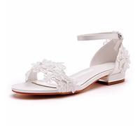 BAIRUNDA Flache Damen Sandalen Aus Satin, Weiße Brautschuhe Hochzeitskleid Spitze Blume Flacher Mund Offene Zehen Knöchelschnalle Bequeme Freizeitschuhe, 39 EU,White