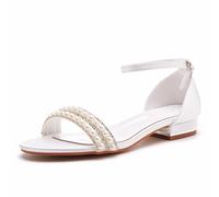BAIRUNDA Flache Damen Sandalen Aus Satin Weiße Perlen Brautschuhe Hochzeitskleid Flacher Mund Offene Zehen Knöchelschnalle Bequeme Freizeitschuhe, 42 EU,White