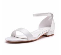 BAIRUNDA Flache Damenschuhe Aus Satin, Weiße Brautschuhe Hochzeitskleid Flacher Mund Offene Zehen Knöchelschnalle Bequeme Freizeitschuhe, 39 EU,White