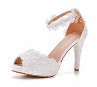 BAIRUNDA Hochzeitsschuhe Für Damen, 10 cm Weiße Spitze Blumen High Heels, Sandalen Hohle Pumps Bequeme Fischmaul Wasser Plattform, Bankett Abendschuhe,34 EU,White
