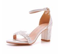 BAIRUNDA Weiße Sandalen Mit Dickem Absatz Für Damen, 7 cm Spitzenblumen Brautschuhe Hochzeitskleid Flacher Mund High Heels Offene Zehen Bequeme Damenschuhe, 38 EU,White