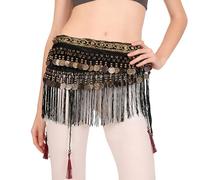Baisdan Bauchtanz-Hüftschal, Tribal-Bauchtanz-Gürtelrock mit Quaste, Fransen, Münzen, Flanell-Schal, Wickelgürtel für Damen und Mädchen, Schwarz , Einheitsgröße