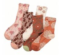 Bakicey Damen Vintage Blumen Mädchen Socken Stricken Kurze Socken Baumwolle Forstsystem Mädchensocken Kurzsocken Füßlinge Damensocken (DE/NL/SE/PL, Alphanumerisch, M, Regular, Regular, Koralle Orange)