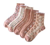 Bakicey Damen Vintage Blumen Mädchen Socken Stricken Kurze Socken Baumwolle Forstsystem Mädchensocken Kurzsocken Füßlinge Damensocken (DE/NL/SE/PL, Alphanumerisch, M, Regular, Regular, Rosa)