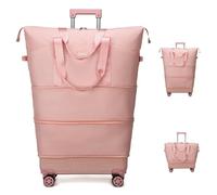 Balakaka Reisetasche mit Rollen, Erweiterbar 75L Faltbare Handgepäck Tasche mit Abnehmbaren Krawattenstangen, Großer Reisetaschen Damen Herren für Wochenende über Nacht, Rosa