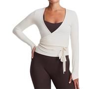 Ballett Pilates Wrap Top for Frauen Workout Yoga Dance Langarm Wrap Shirt Schlank Krawatte Vorne Gehen(White,M)