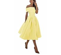 Ballkleid Brautjungfernkleider,Einschultriger Dreiviertelrock aus Satin in A-Linie,Yellow,US16,Damen Elegant Hochzeit Brautjungfernkleider
