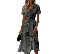 Ballkleid Wickelkleid Damen Midi Kleid Kurzarm V Ausschnitt Geraffte Taillenbund Elegant mit Seitenschlitz für Strand S Gray