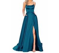 Ballkleider Damen Lang, Frauen Elegant Neckholder Backless Lang Kleider, A-Linie Criss-Cross Satin Spaghetti Party Prom Dress Seitenschlitz Hochzeit Abendparty Kleid mit Taschen