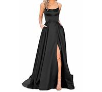 Ballkleider Damen Lang, Frauen Elegant Neckholder Backless Lang Kleider, A-Linie Criss-Cross Satin Spaghetti Party Prom Dress Seitenschlitz Hochzeit Abendparty Kleid mit Taschen