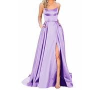 Ballkleider Damen Lang, Frauen Elegant Neckholder Backless Lang Kleider, A-Linie Criss-Cross Satin Spaghetti Party Prom Dress Seitenschlitz Hochzeit Abendparty Kleid mit Taschen