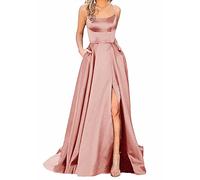 Ballkleider Damen Lang, Frauen Elegant Neckholder Backless Lang Kleider, A-Linie Criss-Cross Satin Spaghetti Party Prom Dress Seitenschlitz Hochzeit Abendparty Kleid mit Taschen