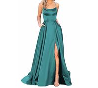 Ballkleider Damen Lang, Frauen Elegant Neckholder Backless Lang Kleider, A-Linie Criss-Cross Satin Spaghetti Party Prom Dress Seitenschlitz Hochzeit Abendparty Kleid mit Taschen