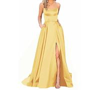Ballkleider Damen Lang, Frauen Elegant Neckholder Backless Lang Kleider, A-Linie Criss-Cross Satin Spaghetti Party Prom Dress Seitenschlitz Hochzeit Abendparty Kleid mit Taschen
