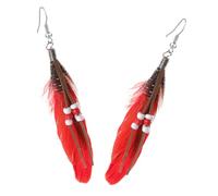 Baluue Boho Vintage Western Ohrringe Damen Lang Quaste Tropfen Ohrhänger mit Perlen und Pfauenfeder Rot Ethnisch Bohemian Schmuck für Party Alltag Geschenk