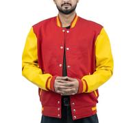 BANALISH Herrenmode, Varsity-Jacke, leger, schmale Passform, Wolle, Letterman, Baseball-Bomberjacken, Rot und Gelb, M