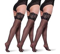 BANANALU XS-XXL Halterlose Strümpfe mit Spitze 20 DEN - transparente Stay-Ups mit floralem Spitzenband & Silikon-Halt, Sexy Hold-Ups Nero - 3er Set M-L