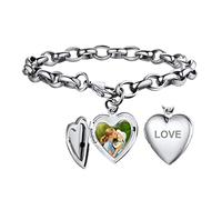 Bandmax Chunky Ankerkette mit Herz Charms Edelstahl Gliederarmband mit Foto Medaillon Frauen Männer verstellbarer Battelarmband Accessoire für Geburtstag Valentinstag