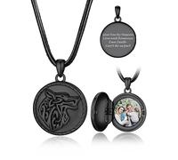 Bandmax Damen Foto Kette mit Gravur Wikinger Wolfskopf Anhänger mit Bild 925 Silber Halskette Medaillon zum Öffnen für Bilder Frauen Lederkette Amulett Rund Kettenanhänger Halsschmuck für Oma Opa