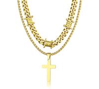 Bandmax Dornen Kette ohne Anhänger Herren Edelstahl Halskette Set Dornen Panzerkette 9mm Herren Gold Kubanisch Kette 50CM Männer Goldene Layering Kette Kreuz Anhänger Halsschmuck für Freund